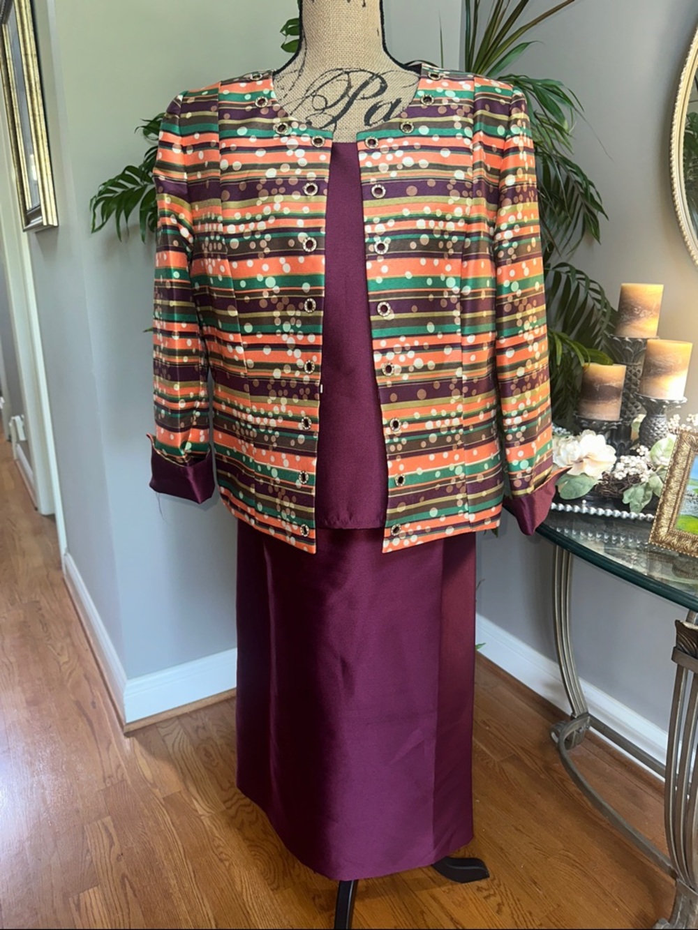 Lily & Taylor Couture Plum 3 piece top and skirt  w/Striped Jacket size 14